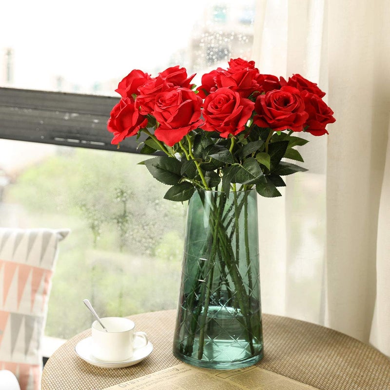 Laelfe 12 pcs Artificial Red Roses Flowers Long Stem Fake Silk Rose for Home Wendding Decorations(Red) - Image 5